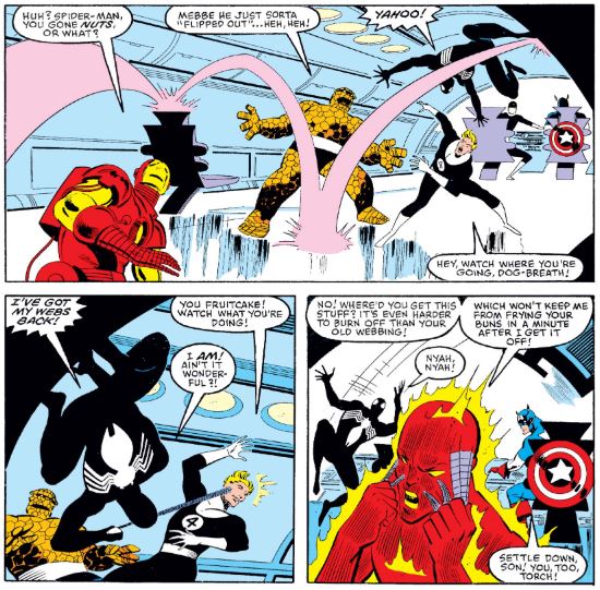 black suit spider-man symbiote secret wars fantastic four iron man